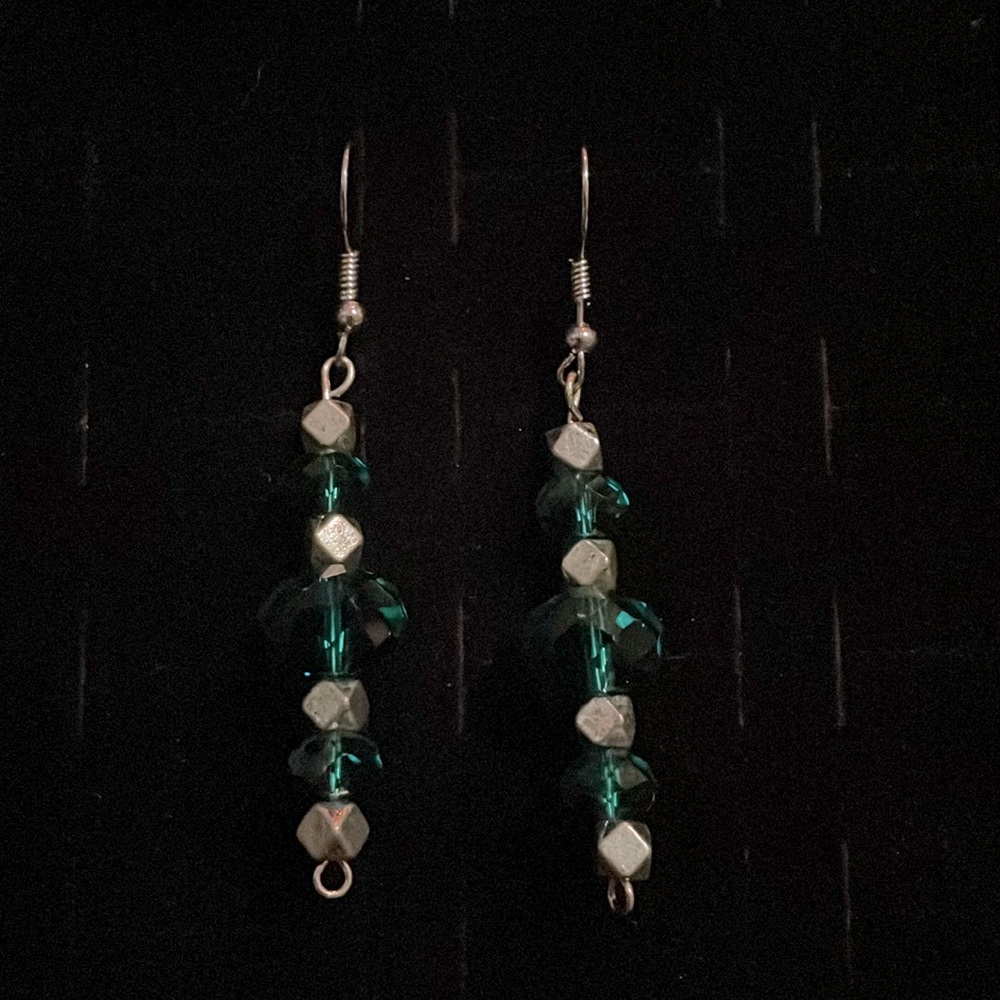 Green and gunmetal silver dangle earrings